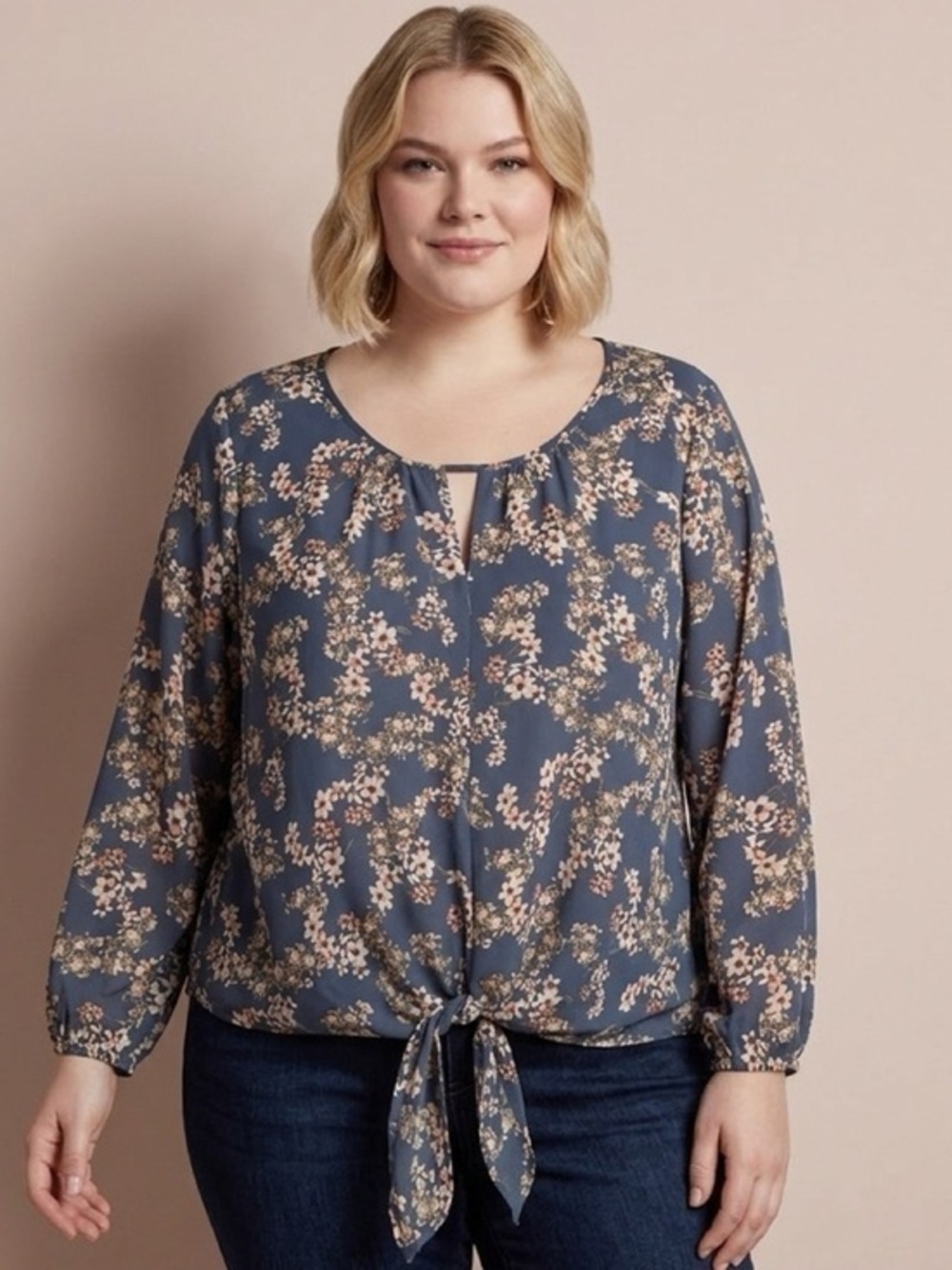 West Kei Blue Floral Tie Front Blouse Size XXL